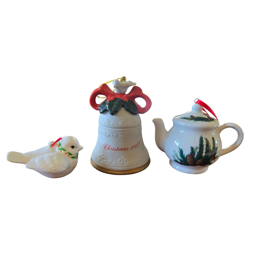 Vintage Ceramic Christmas Ornament Set 1987 Bell Teapot and Bird 3pc Lot
